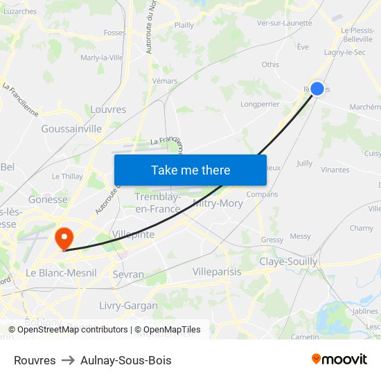 Rouvres to Aulnay-Sous-Bois map