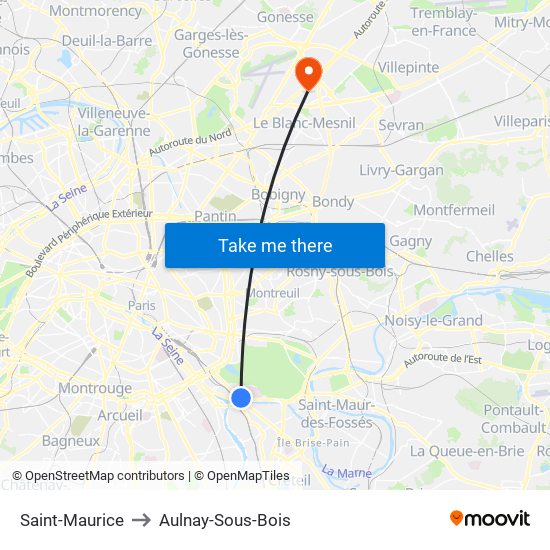 Saint-Maurice to Aulnay-Sous-Bois map