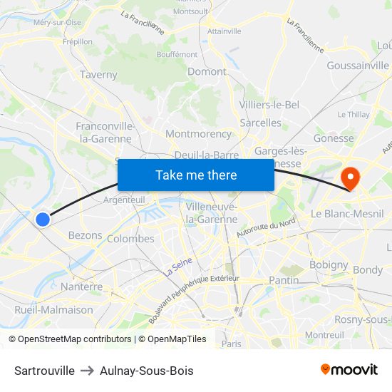 Sartrouville to Aulnay-Sous-Bois map