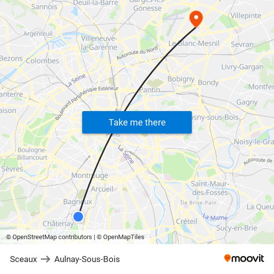 Sceaux to Aulnay-Sous-Bois map