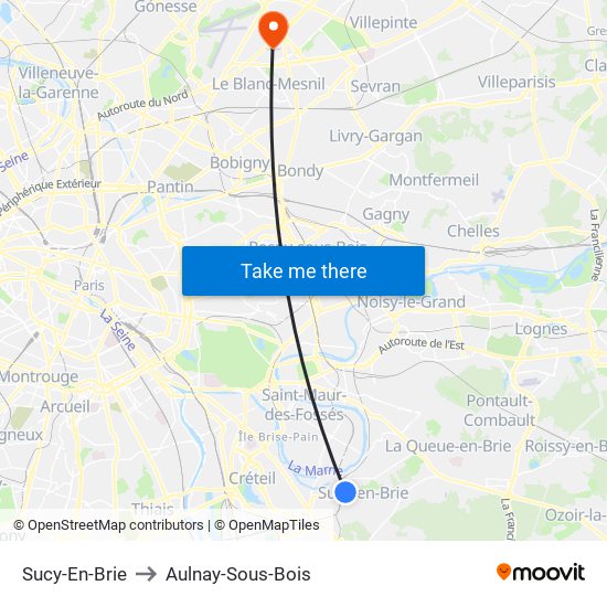 Sucy-En-Brie to Aulnay-Sous-Bois map