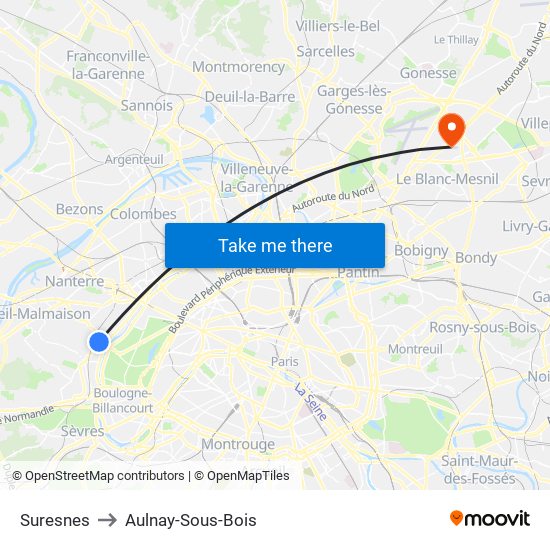 Suresnes to Aulnay-Sous-Bois map