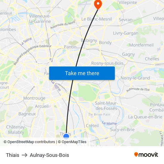 Thiais to Aulnay-Sous-Bois map