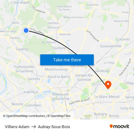 Villiers-Adam to Aulnay-Sous-Bois map