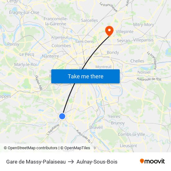Gare de Massy-Palaiseau to Aulnay-Sous-Bois map