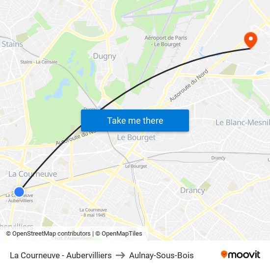 La Courneuve - Aubervilliers to Aulnay-Sous-Bois map