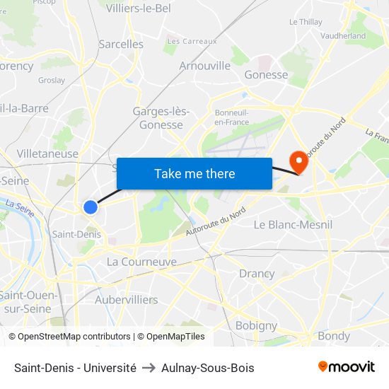 Saint-Denis - Université to Aulnay-Sous-Bois map