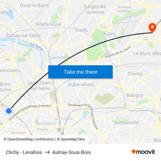 Clichy - Levallois to Aulnay-Sous-Bois map