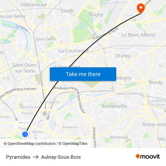 Pyramides to Aulnay-Sous-Bois map