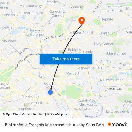 Bibliothèque François Mitterrand to Aulnay-Sous-Bois map