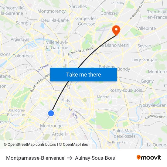 Montparnasse-Bienvenue to Aulnay-Sous-Bois map