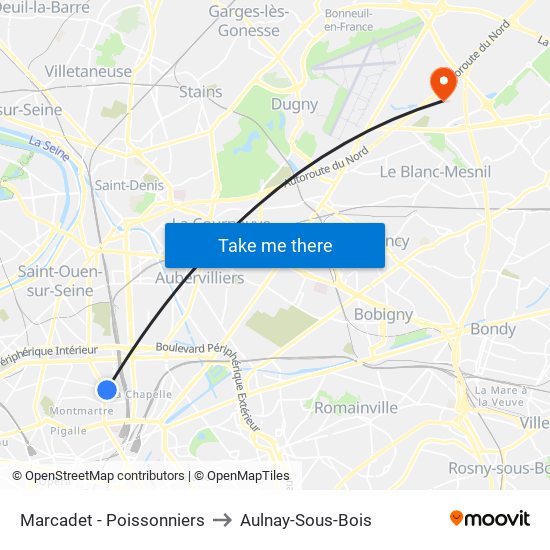 Marcadet - Poissonniers to Aulnay-Sous-Bois map