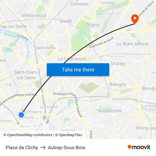 Place de Clichy to Aulnay-Sous-Bois map