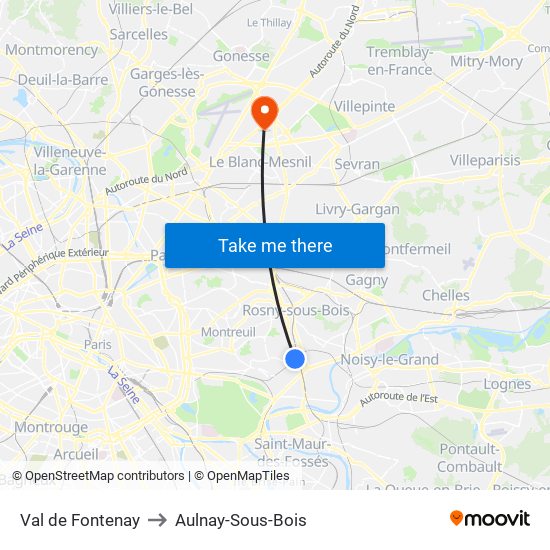 Val de Fontenay to Aulnay-Sous-Bois map