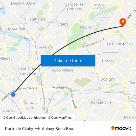 Porte de Clichy to Aulnay-Sous-Bois map