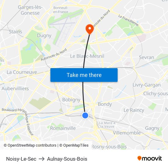 Noisy-Le-Sec to Aulnay-Sous-Bois map