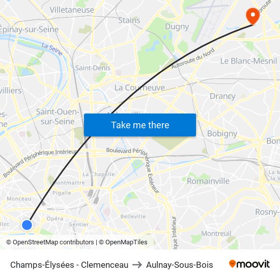 Champs-Élysées - Clemenceau to Aulnay-Sous-Bois map