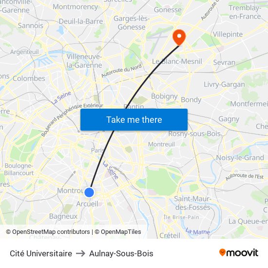 Cité Universitaire to Aulnay-Sous-Bois map