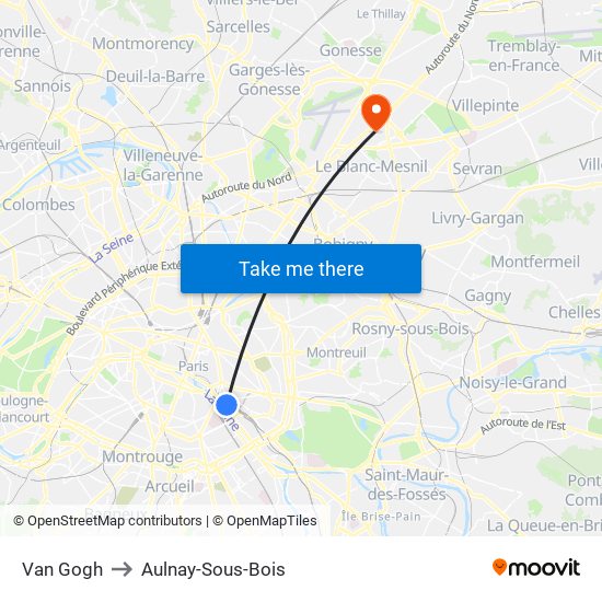 Van Gogh to Aulnay-Sous-Bois map