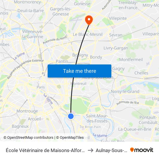 École Vétérinaire de Maisons-Alfort - Métro to Aulnay-Sous-Bois map