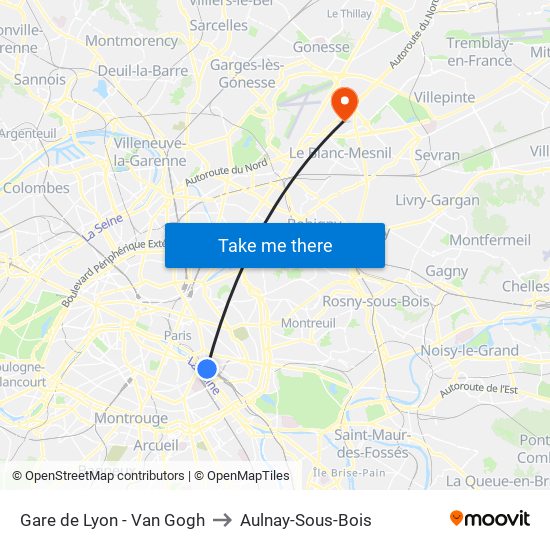 Gare de Lyon - Van Gogh to Aulnay-Sous-Bois map