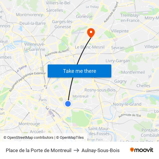 Place de la Porte de Montreuil to Aulnay-Sous-Bois map