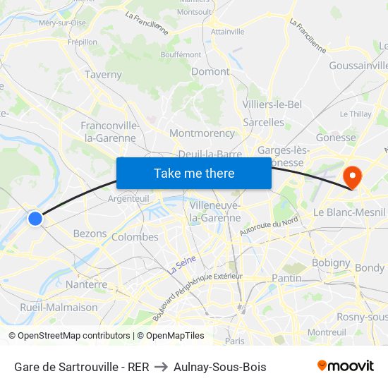 Gare de Sartrouville - RER to Aulnay-Sous-Bois map