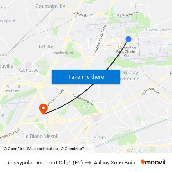 Roissypole - Aéroport Cdg1 (E2) to Aulnay-Sous-Bois map