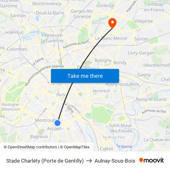 Stade Charléty (Porte de Gentilly) to Aulnay-Sous-Bois map