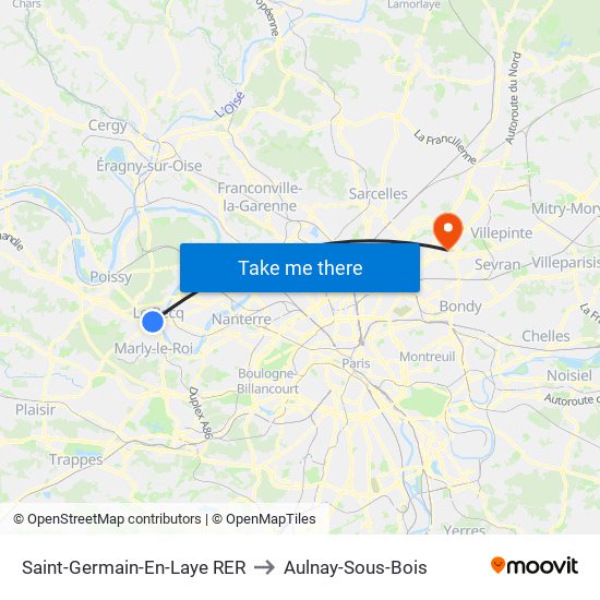 Saint-Germain-En-Laye RER to Aulnay-Sous-Bois map