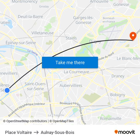 Place Voltaire to Aulnay-Sous-Bois map