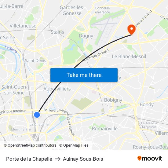 Porte de la Chapelle to Aulnay-Sous-Bois map