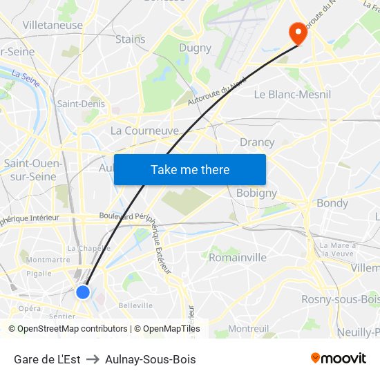 Gare de L'Est to Aulnay-Sous-Bois map