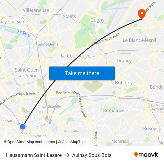 Haussmann Saint-Lazare to Aulnay-Sous-Bois map