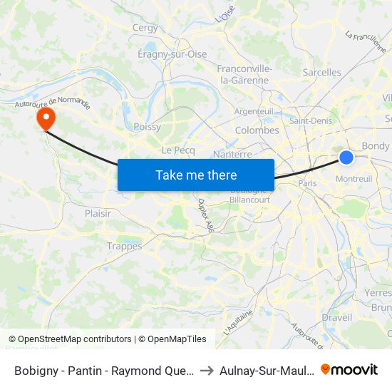 Bobigny - Pantin - Raymond Queneau to Aulnay-Sur-Mauldre map