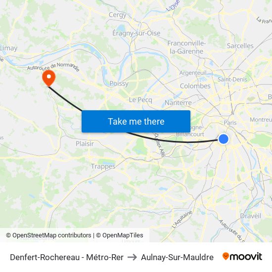 Denfert-Rochereau - Métro-Rer to Aulnay-Sur-Mauldre map