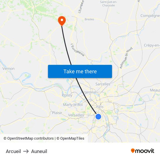 Arcueil to Auneuil map