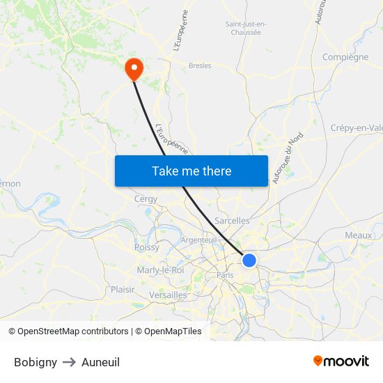 Bobigny to Auneuil map