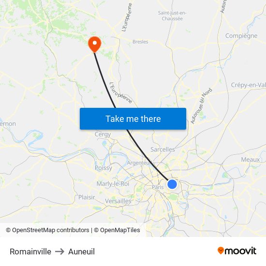 Romainville to Auneuil map