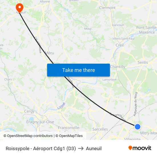 Roissypole - Aéroport Cdg1 (D3) to Auneuil map