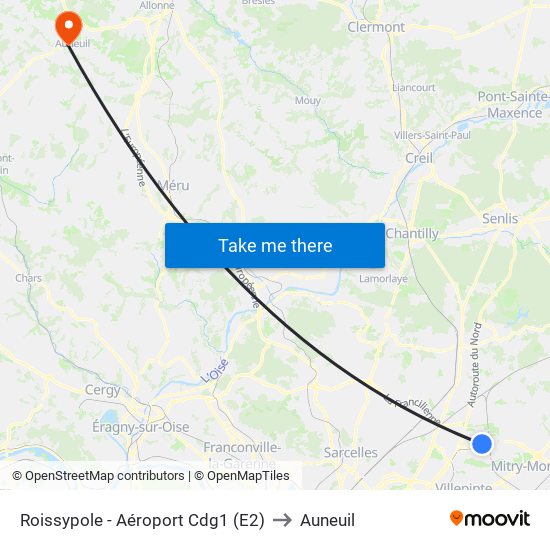 Roissypole - Aéroport Cdg1 (E2) to Auneuil map