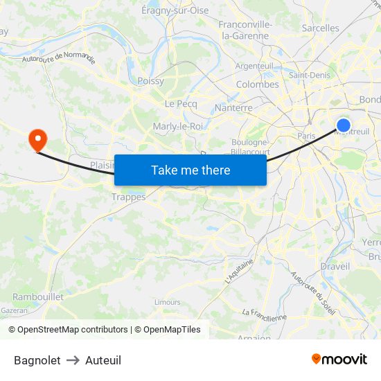 Bagnolet to Auteuil map