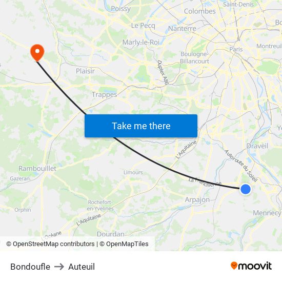 Bondoufle to Auteuil map