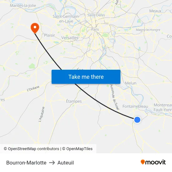 Bourron-Marlotte to Auteuil map