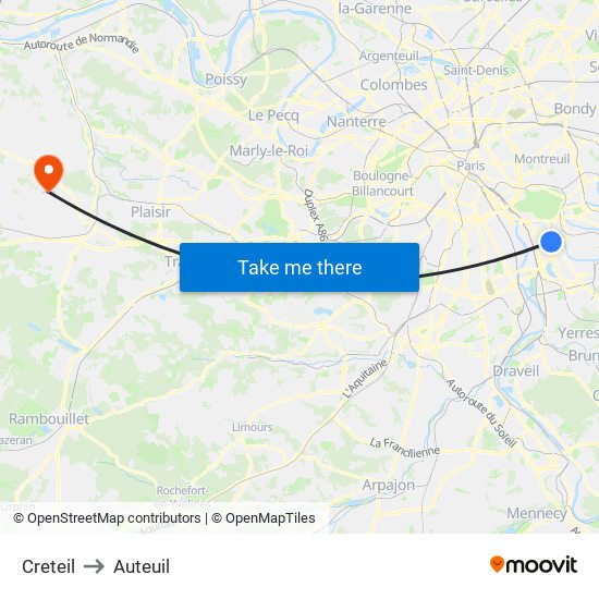 Creteil to Auteuil map