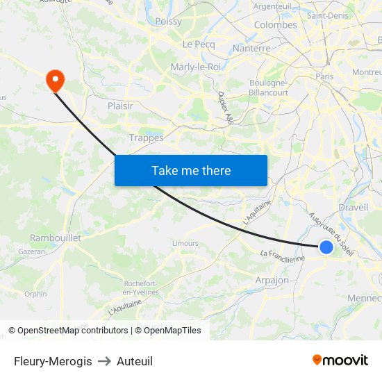 Fleury-Merogis to Auteuil map