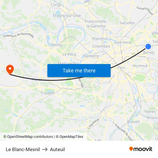 Le Blanc-Mesnil to Auteuil map