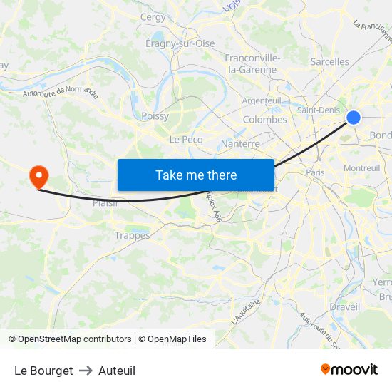 Le Bourget to Auteuil map