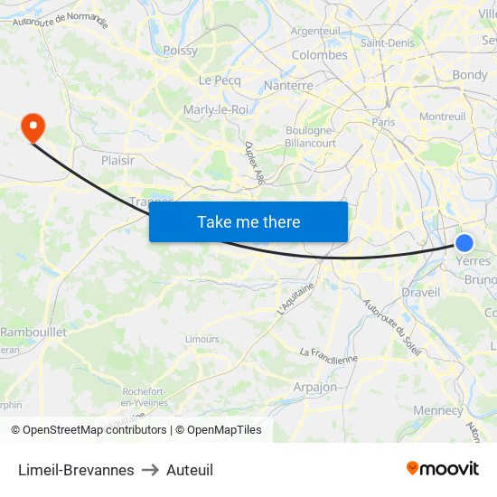 Limeil-Brevannes to Auteuil map