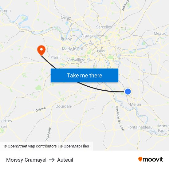 Moissy-Cramayel to Auteuil map